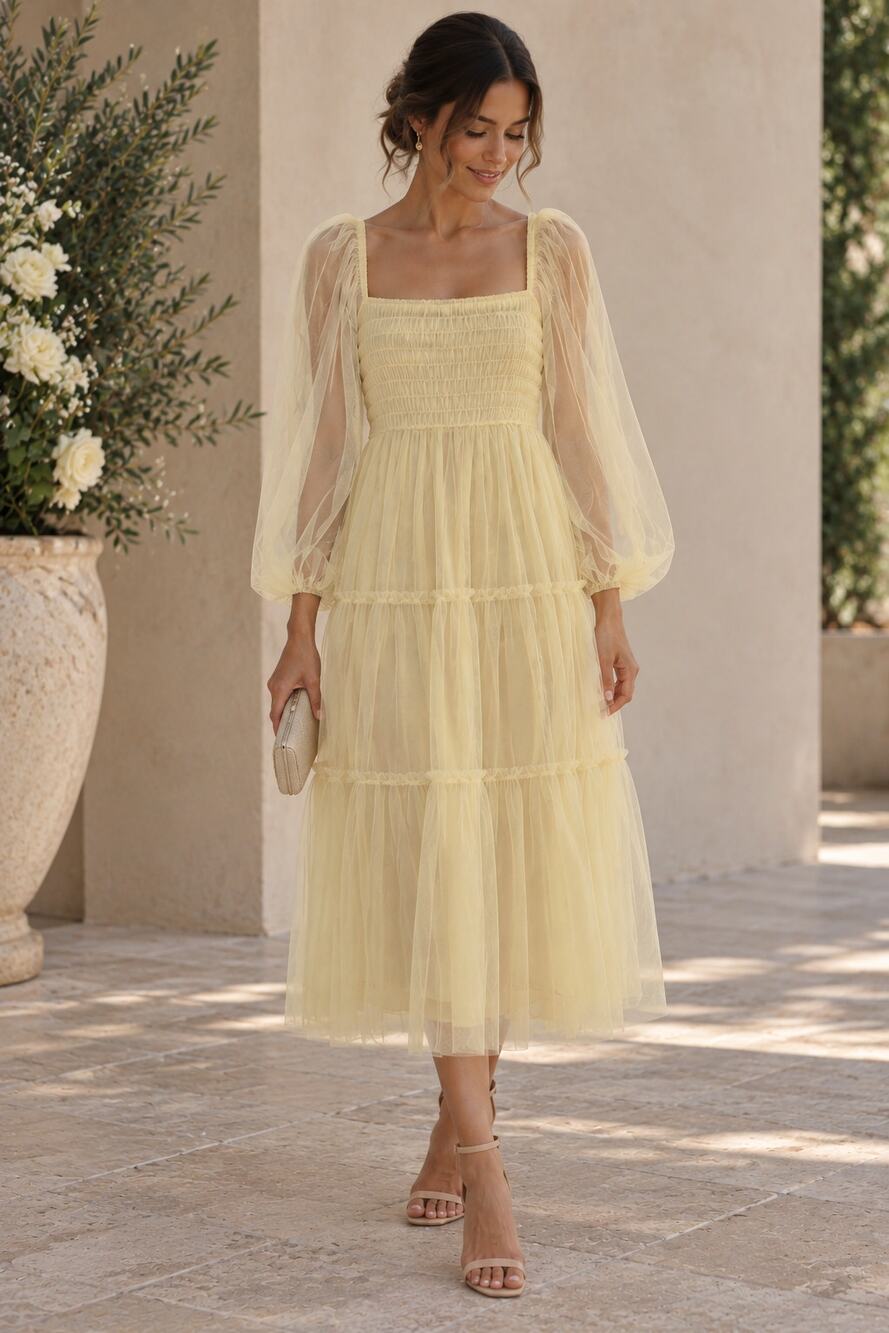 Listicle Yellow Puff Sleeve Tier Whimsical Dress